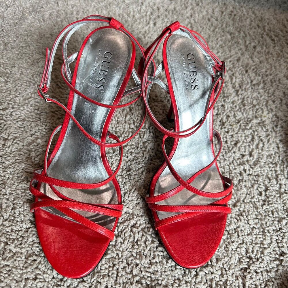 Guess by Marciano GWFELECITY Red Leather Strappy Sandals Size 6.5 M Stiletto
